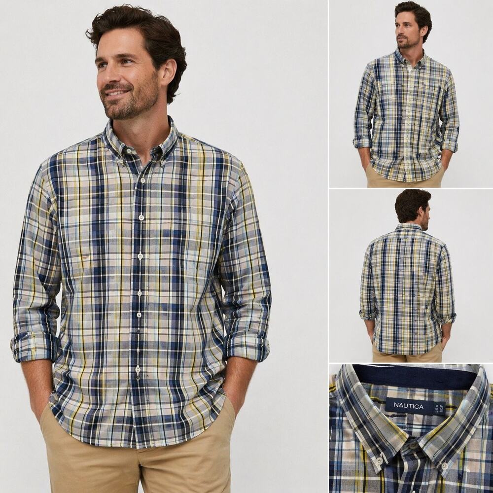 Nautica Plaid Button Down Shirt Mens XXL Blue Yellow Classic Preppy